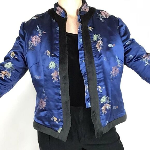 Vintage Asian style Jacket M womens blue fur lined Satin floral mandarin collar - Picture 4 of 14